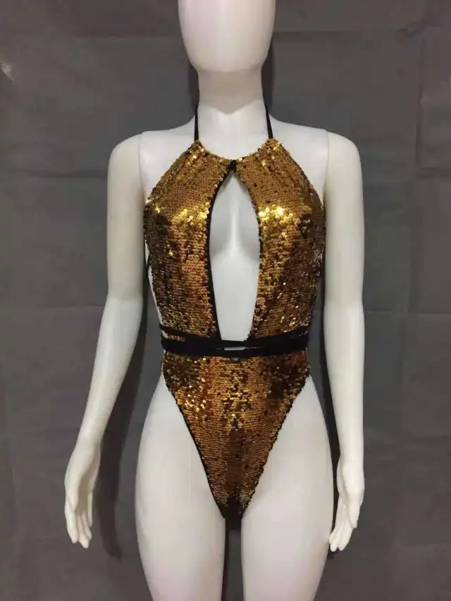 Sexy Strappy One piece Swimsuit Halterneck Sequin Bikini Gold - Shop at LoveMi
