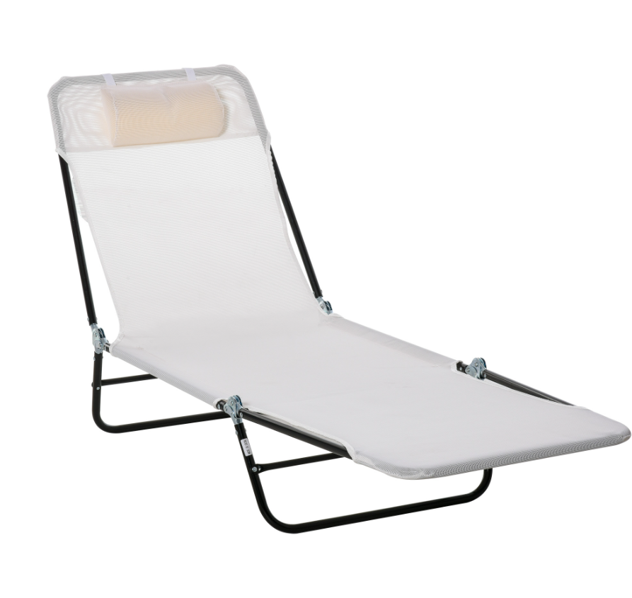 Folding Chaise Lounge Chair, Cream White, 5-Level Adjustable With Headrest, Breathable Mesh For Beach & Patio_voghion.com