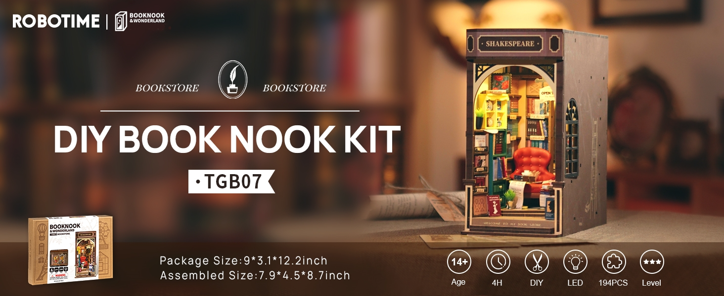 ROBOTIME Book Nook Kit Wooden 3D Puzzle Bookcase Vintage Bookstore House Miniature Kit