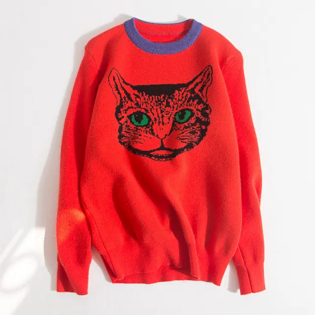 Pullover Round Neck Long Sleeve Jacquard Sweater Orange - Shop at LoveMi