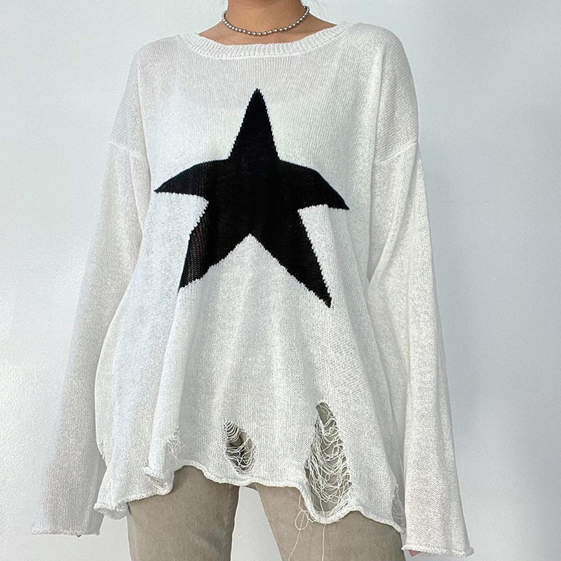 Title 5, Simple black and white star woolen blouse for w...