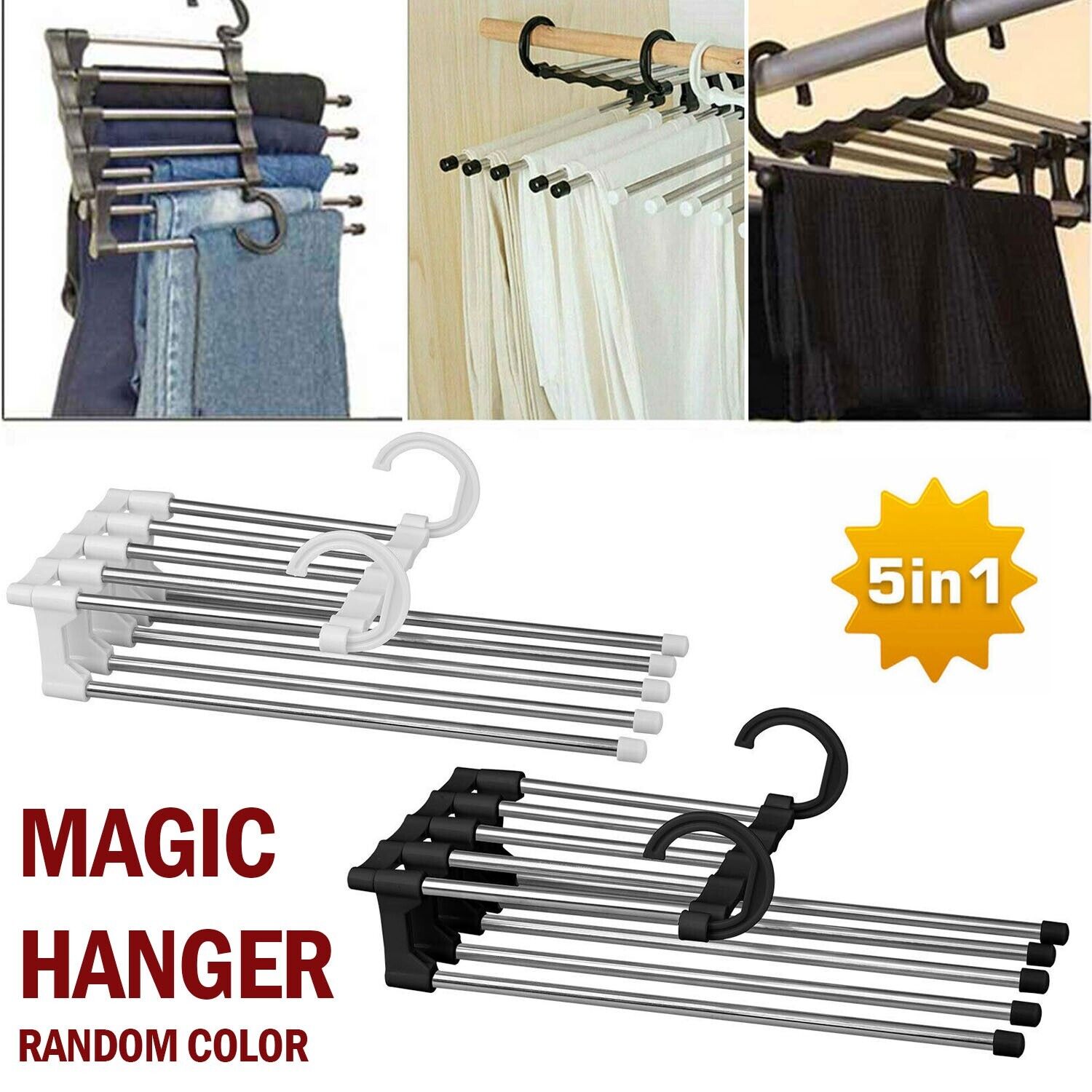 Magic Metal Hanger Closet Space Saver Organizer shipping inside the US USPS First Class Package handling 2 Day Handling 2-5 Day Shipping 5 in1 Multi-functional Pants Rack Shelves Stainless Steel Wardrobe Magic Hanger by KT Deals RANDOM COLOR WHITE/BLACK S