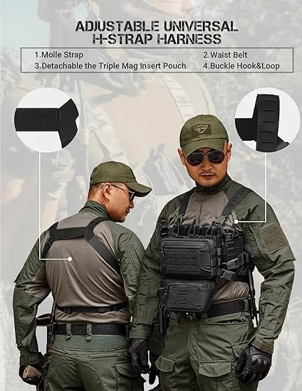 Modular Tactical Chest Rig with Magazine Pouch. High Quality Material Tactical chest rig tactical vest is made of high quality nylon fabric, an heavy duty fabric that resists wear, stress, and tearing, Water repellent fabric ensures minimal water absorpti