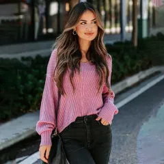 New Fashion Solid Colour Long Sleeve V-neck Loose Casual Sweater - Pink - View 1