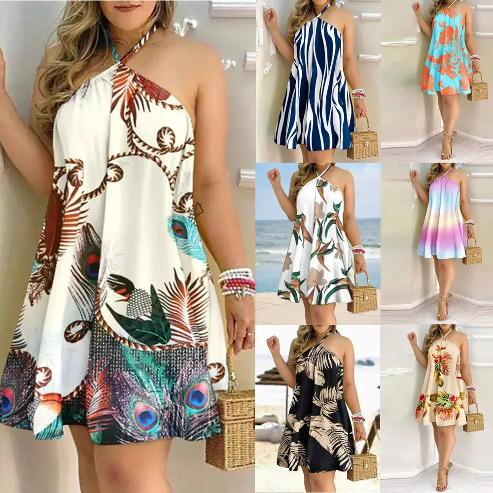 Printed Dress Summer Off-Shoulder Hanging Neck Sleeveless Sexy Dresses