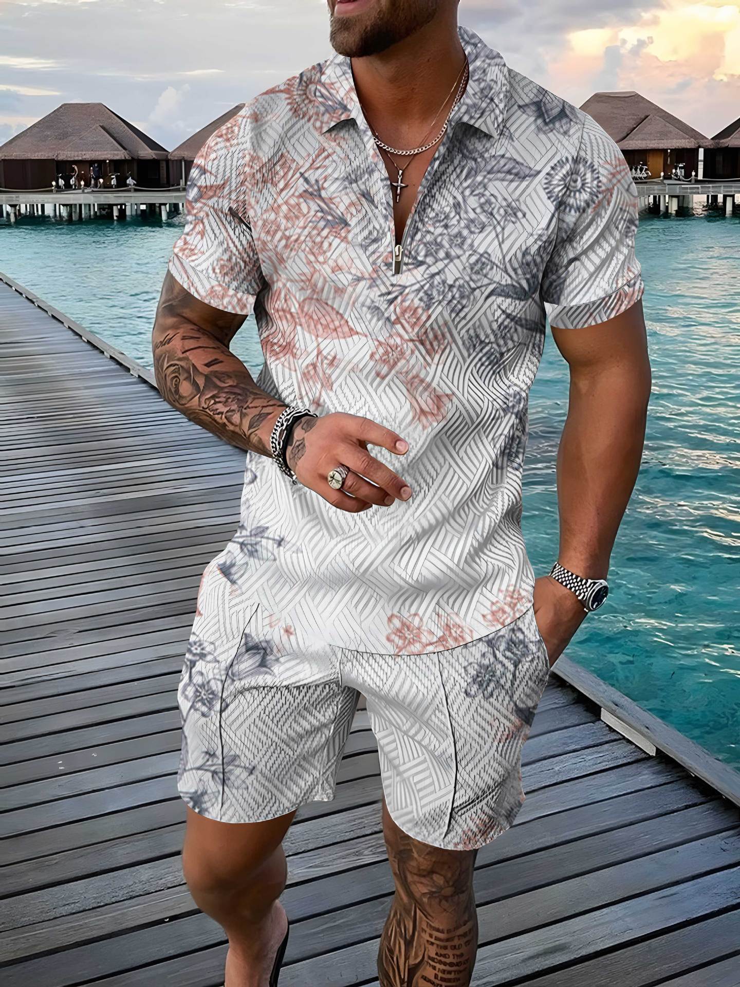 Title 13, Camisa Polo Masculina com Estampa Floral 3D, Te...