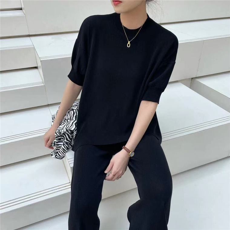Irregular Beveled Loose Pullover Sweater Two-Piece Women's Summer Simple Wide-Leg Pants Suit