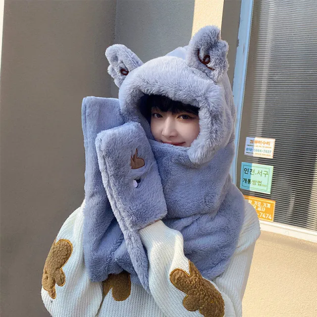 Three piece Female Thickened Warm Cartoon Cute Plush Ear Protection Gloves Grey - Shop at LoveMi