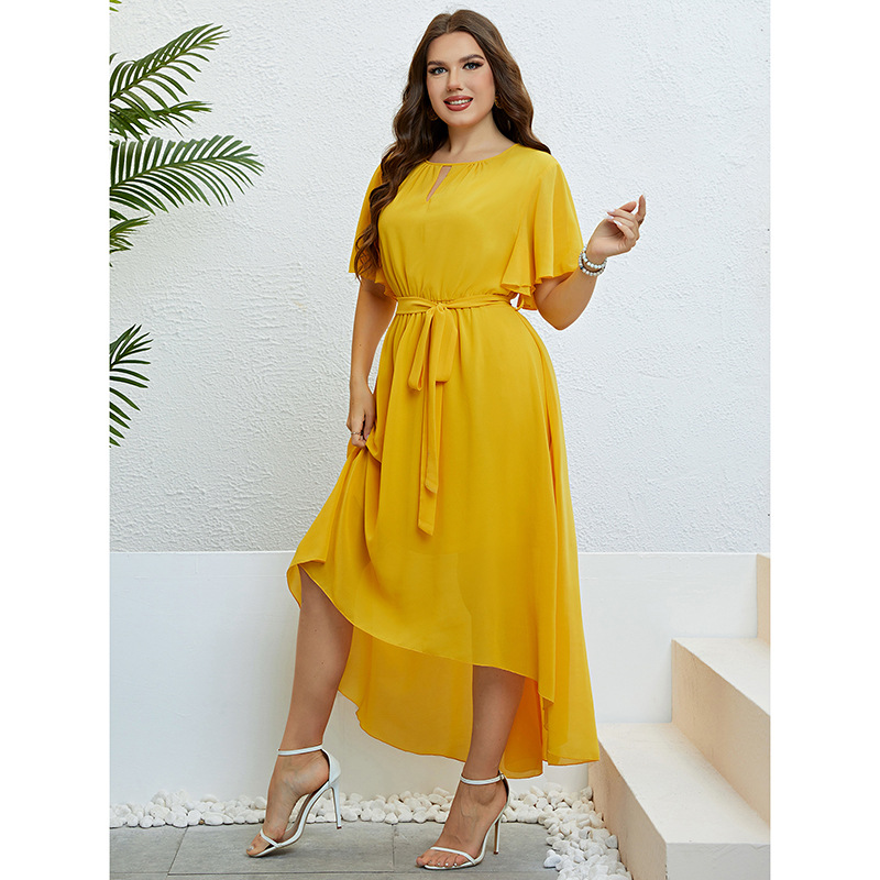 Yellow V-neck Lace-up Waist-controlled Women's Dress
