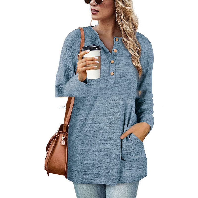 Solid Color Long-sleeved Round Neck Pullover Button Top T-shirt
