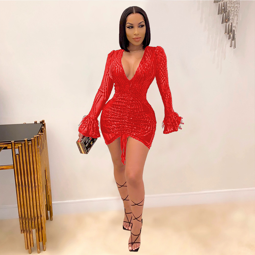 Ladies Fashion V Neck Balloon Sleeve Dress
