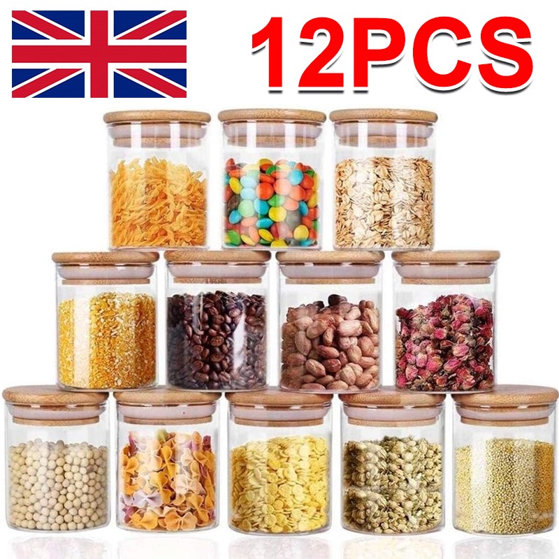 12 X Glass Storage Jars With Bamboo Lid For Spice Herbs Coffee Tea Pasta Beans