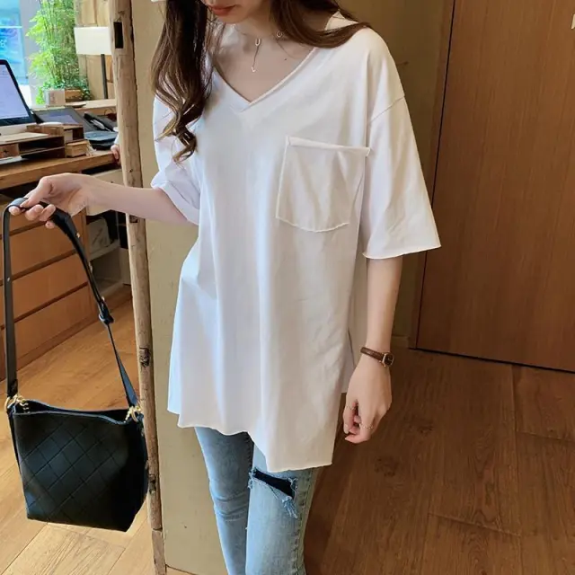 Summer V neck Short Sleeve T shirt Women's Loose Large Medium Length Shirt White - Shop at LoveMi