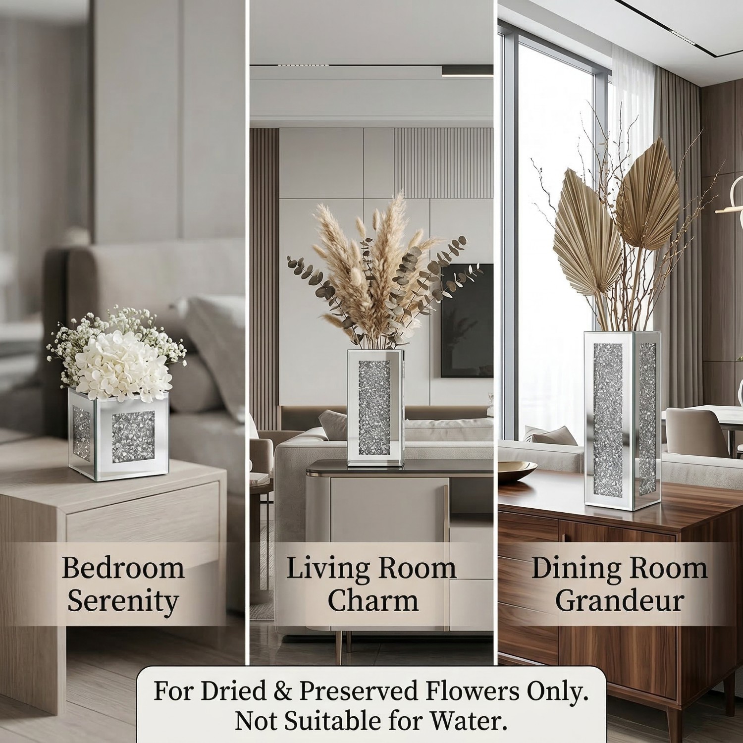 Square Crushed Diamond Mirrored Vase Set Of 3, Silver Sparkly Crystal Glass Decorative Flower Vase, Luxury Table Centerpiece For Home Living Room Wedding Decor 5