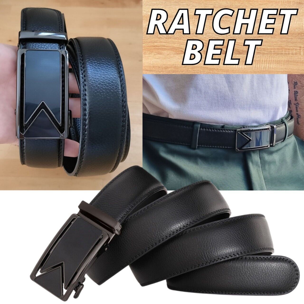 Slide Buckle Ratchet Belt - Genuine Leather - USA. We ship only inside the US, USPS First Class Package, 2 Day Handling, 2-5 Day Shipping. Microfiber PU Leather Ratchet Belt Belts For Men Adjustable Size with Automatic Slide Buckle No Holes by SHAVIT. Rat