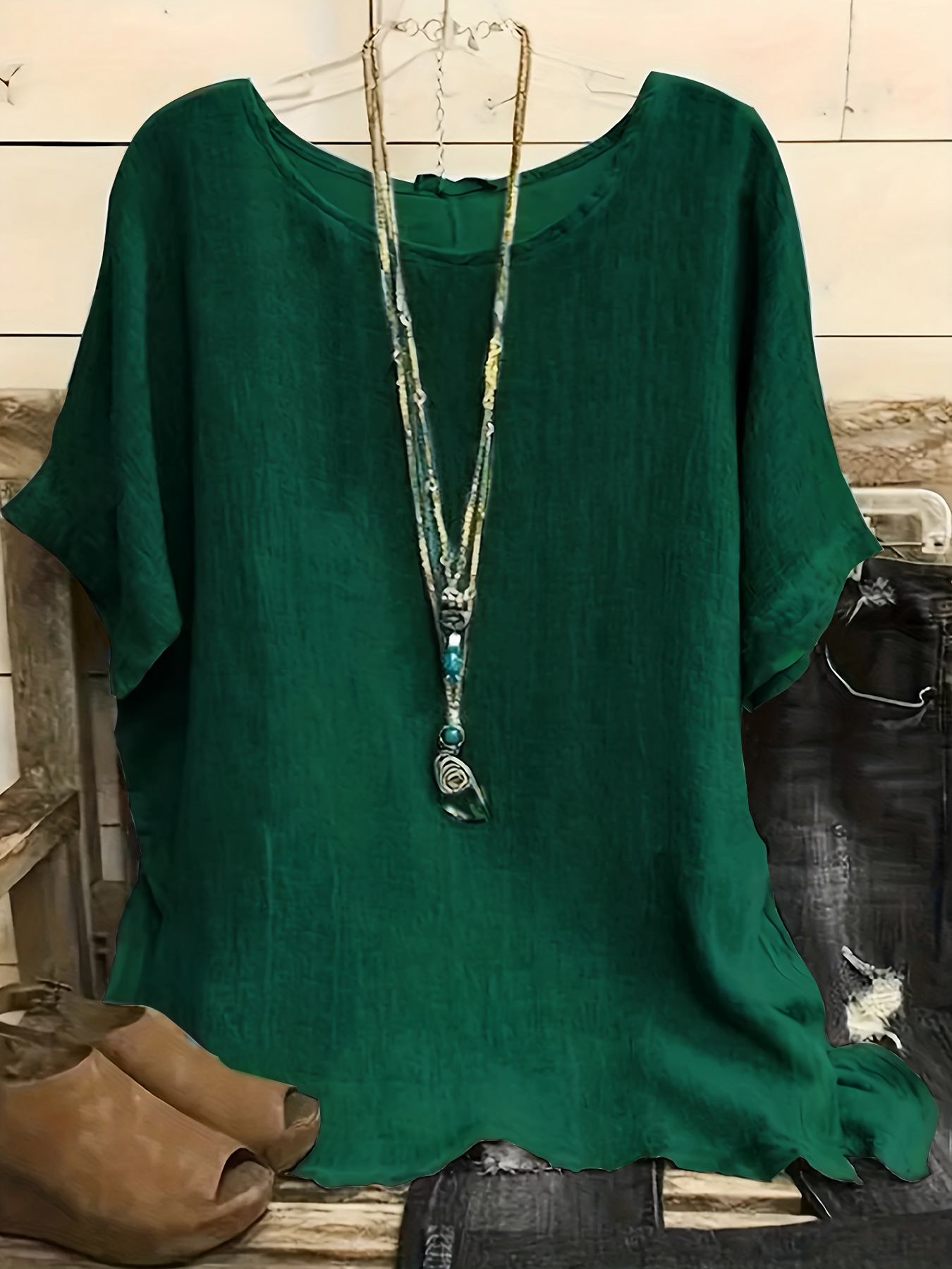Women Fashion Casual Shirts Solid Color 3 4 Sleeve Round Neck Blouses Summer Loose Tops Streetwear Dark Green - Shop at LoveMi