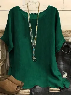 Women Fashion Casual Shirts Solid Color 3 4 Sleeve Round Neck Blouses Summer Loose Tops Streetwear - Dark Green - View 1