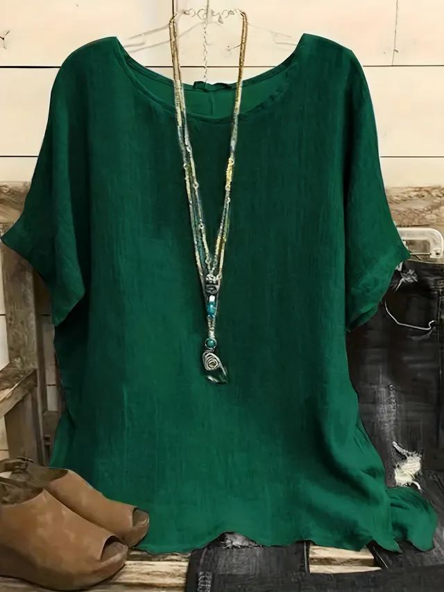 Women Fashion Casual Shirts Solid Color 3 4 Sleeve Round Neck Blouses Summer Loose Tops Streetwear Dark Green - Shop at LoveMi