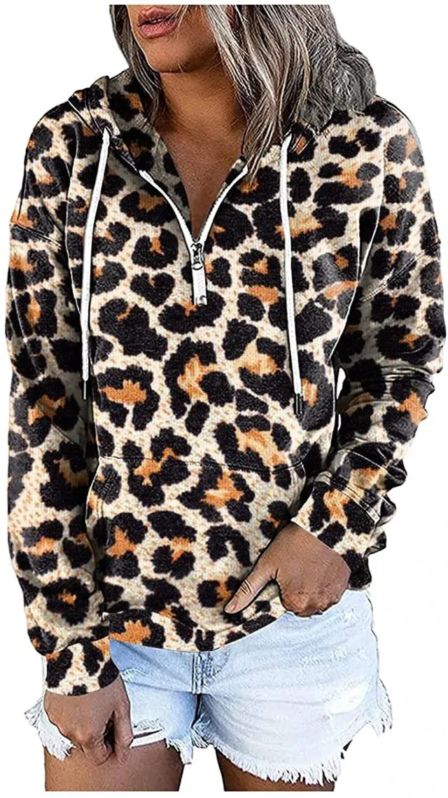 Women's Long Sleeve Loose Casual Hooded Leopard - Shop at LoveMi