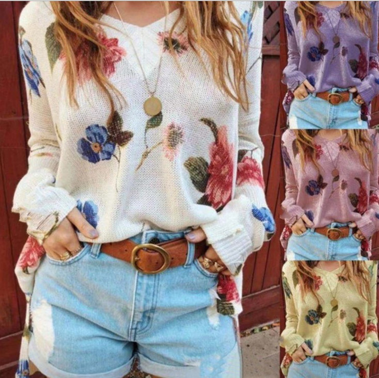 Title 4, Printed V Neck Long Sleeved Loose Fitting Shirt