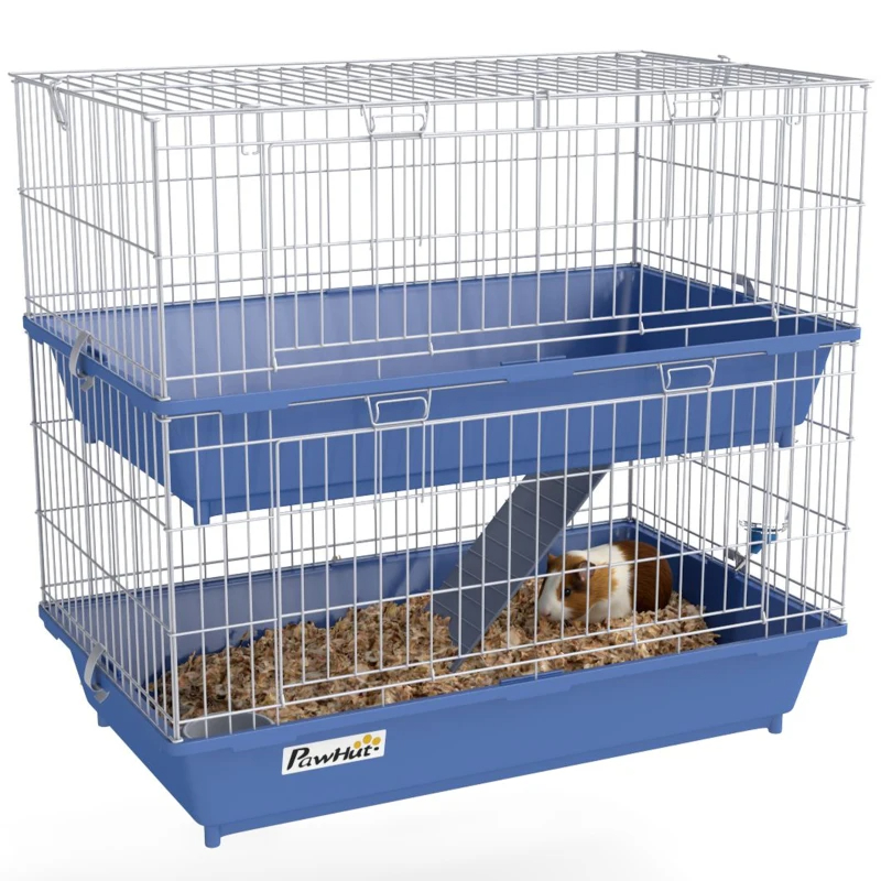 2-Tier Guinea Pig Cage, Ferret Cage, Chinchilla Cage, Small Animal Cage Indoor With Dish And Bottle, 2 Doors, Deep Bottoms, Ramp