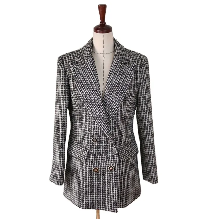Double Breasted Loose Thin Thousand Bird Check Thickened Coat - Black