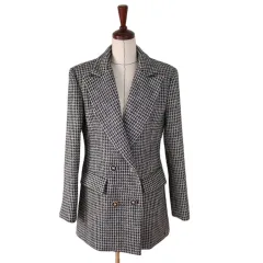 Double Breasted Loose Thin Thousand Bird Check Thickened Coat - Black - View 1