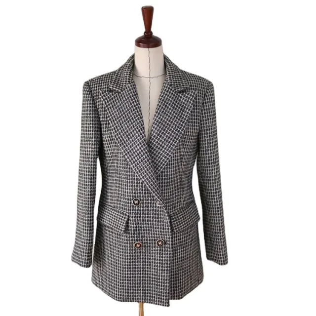 Double Breasted Loose Thin Thousand Bird Check Thickened Coat Black - Shop at LoveMi