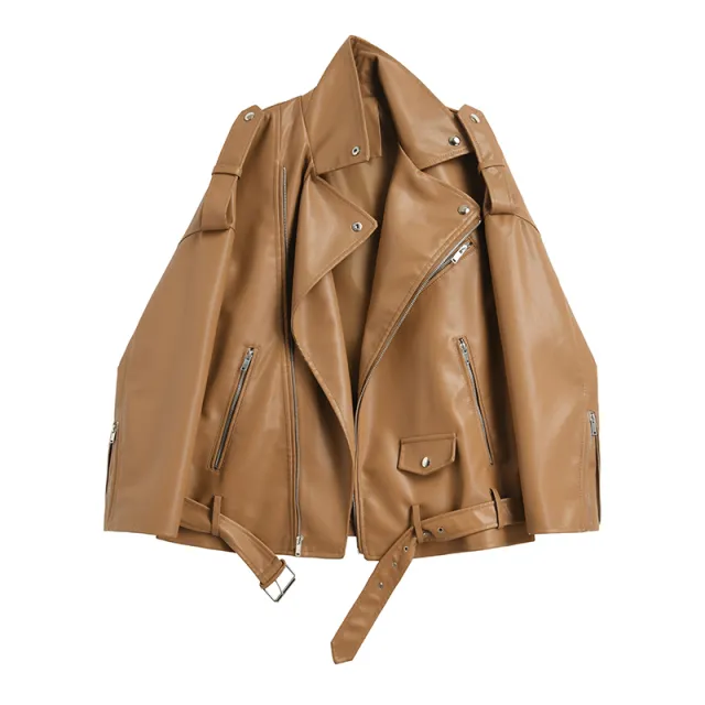 All match Loose Motorcycle PU Leather Jacket Trend Coffee - Shop at LoveMi