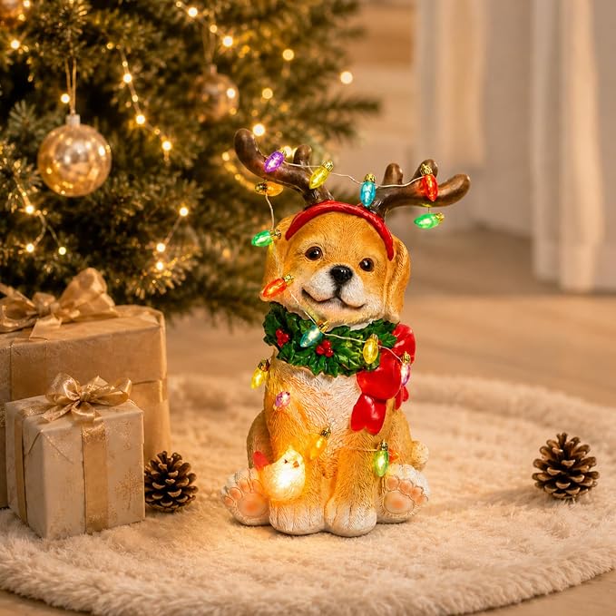 Christmas Dog Figurine With Colorful Bulbs, Festive Holiday Decor