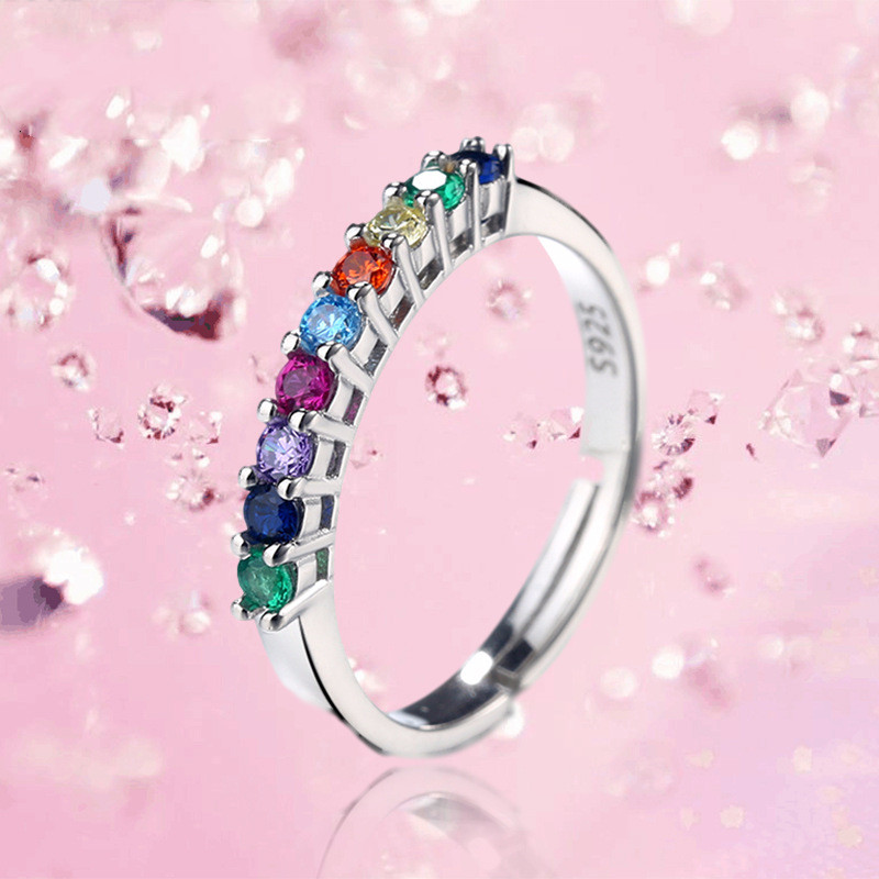 Sterling Silver Inlaid Colorful Zircon Ring Female Fashion Temperament