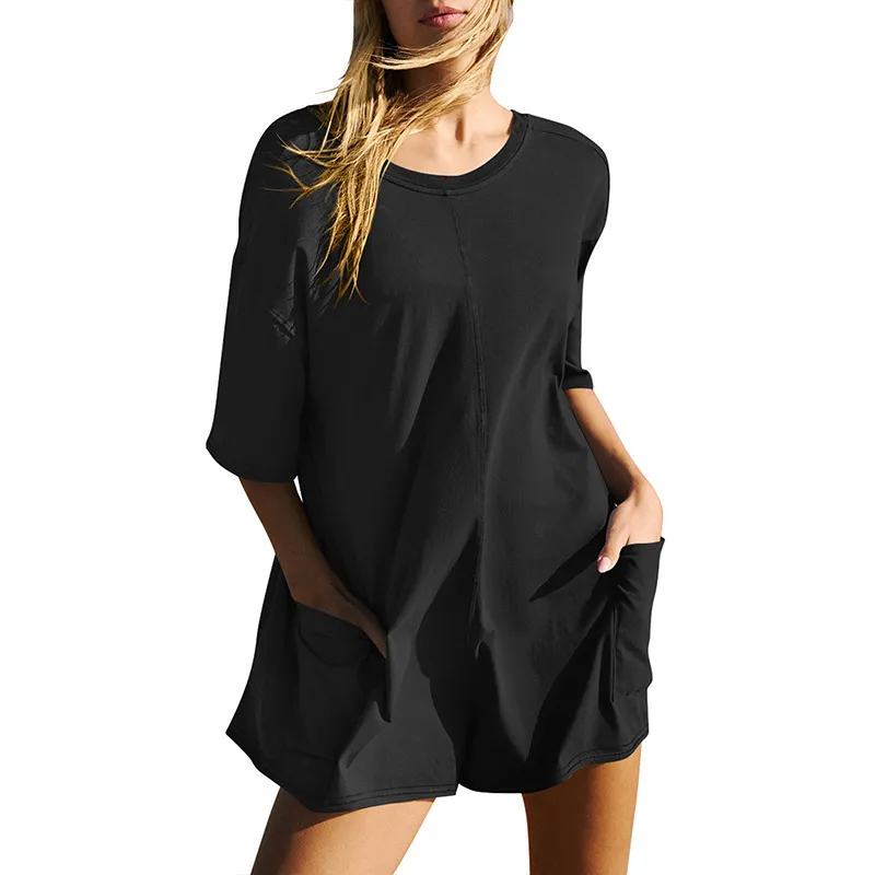 Casual Loose Short-sleeved Jumpsuit With Pockets New Crew Neck Shorts Overall Pants Summer Womens Clothing - Black