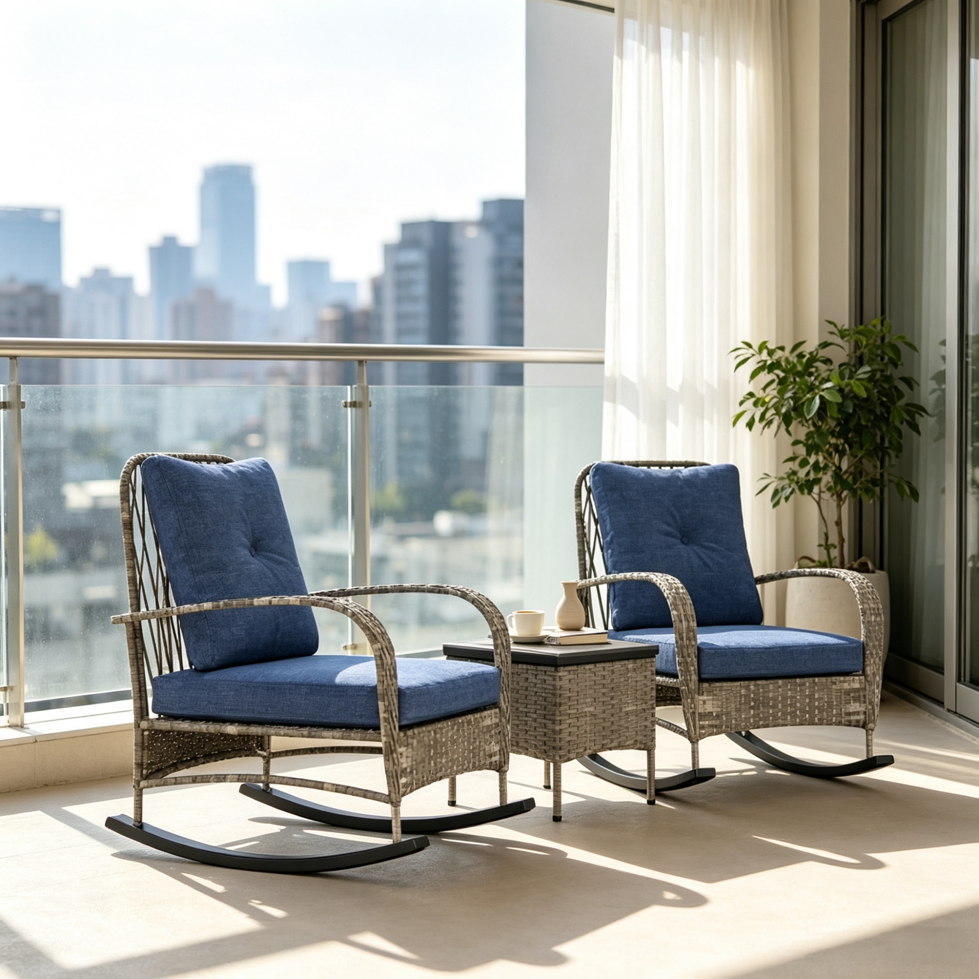 Gray Three-Piece Wicker Deck Set-Outdoor PE Wicker Rocking Chair With Coffee Table And Porch Cushions