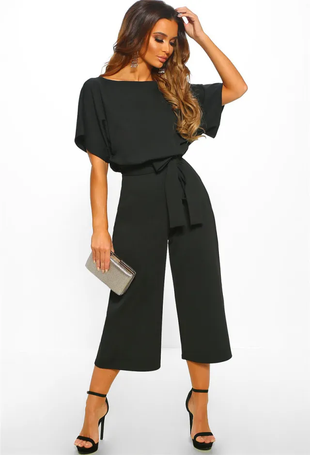 Summer Fashion Lace Up Button Short Sleeved Women's Jumpsuit Black - Shop at LoveMi