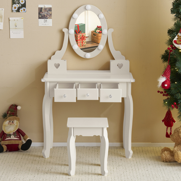 Kids Vanity Set With Mirror And Lights And Stool, 5 Storage Drawers, Pretend...
