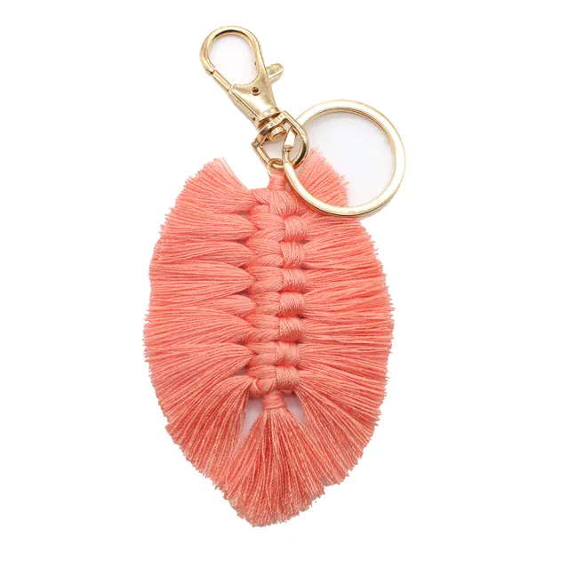 New Hand woven Cotton Rope Tassel Keychain Leaf Pendant Multicolor Pink - Shop at LoveMi