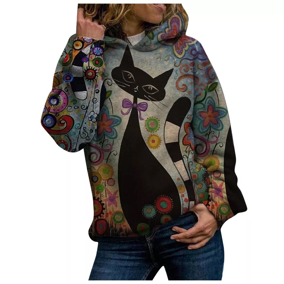 Title 2, Cat 3D printed casual hooded pullover sweater