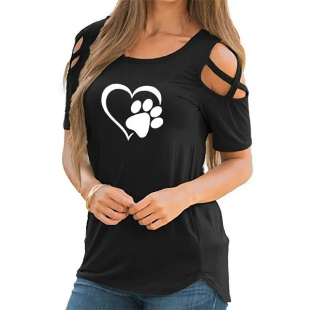 Printed Strapless T shirt Ladies Short sleeved T shirt Hollow Top Women Black Footprints - Shop at LoveMi