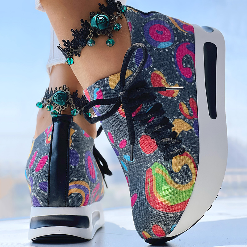 Women's Random Print Side Lace-Up Elastic Sport Shoes, Comfortable Slip-On Sneakers For Women, Casual Daily Wear Footwear — foto 8
