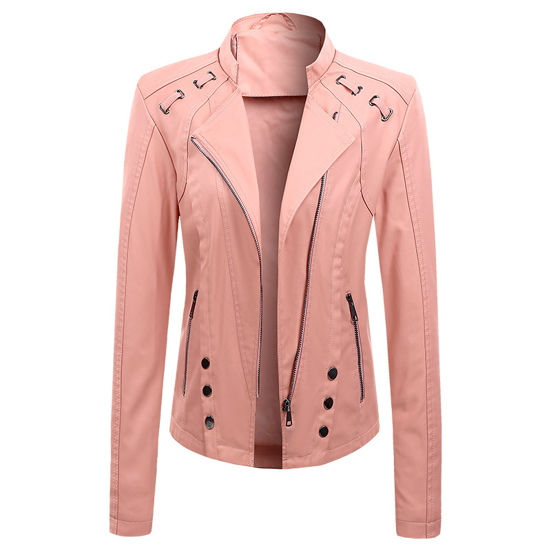 New Spring And Autumn New Leather PU Leather Jacket Women's Short Pink - Shop at LoveMi
