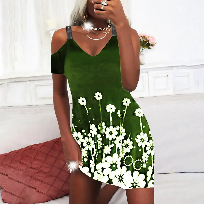 Fashion Printed Sexy V-Neck Short Sleeve Off-The-Shoulder Dress