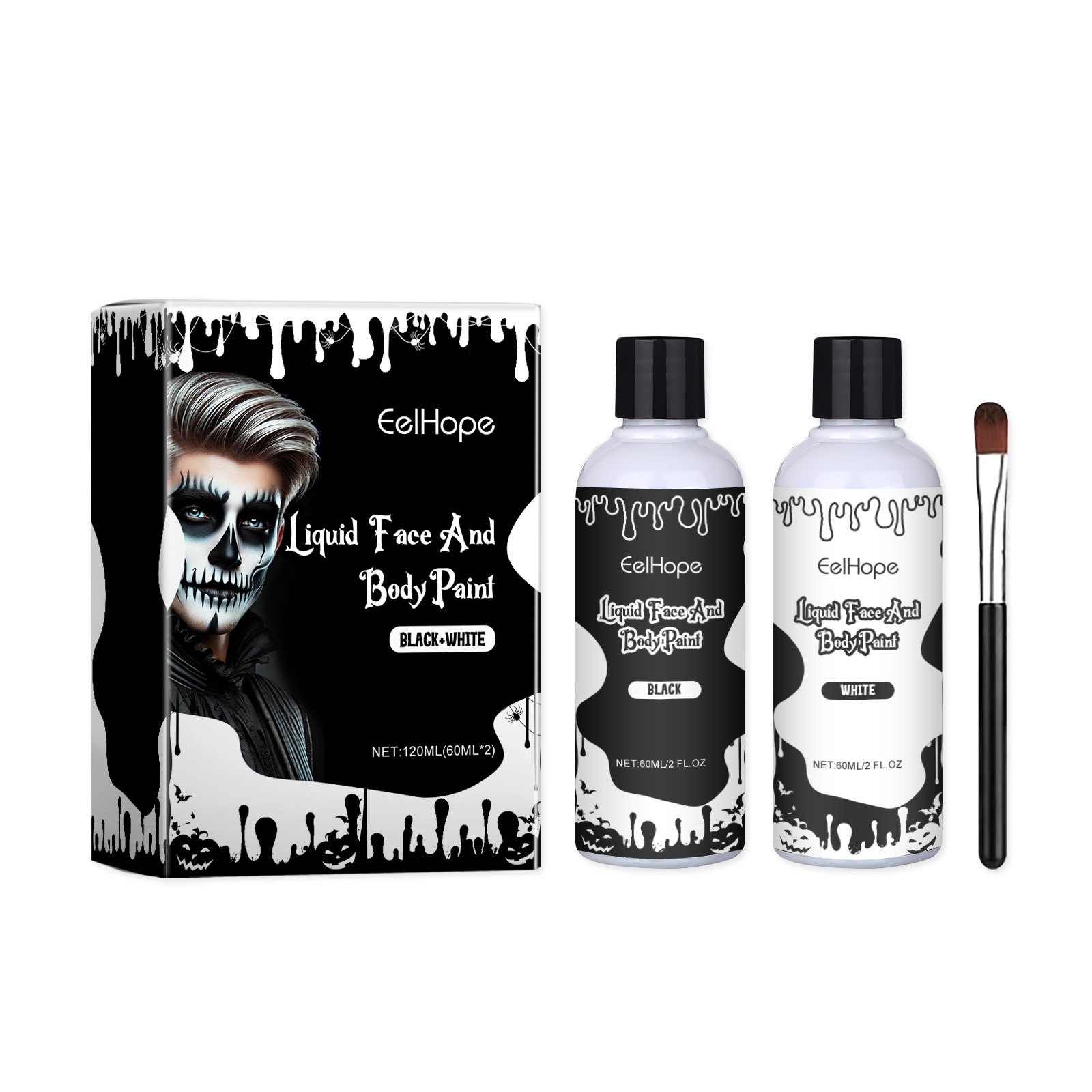 Halloween Black White Liquid Face Body Paint, Quick Dry Face Painting Kit With Brush, Long Lasting Face Paint For Halloween Skeleton Cosplay