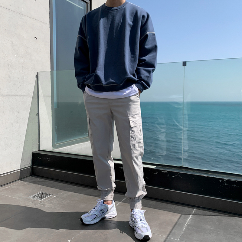 Crewneck Hoodie Men's Autumn Loose Design Sense Niche Solid Color Long-sleeved T-shirt Top