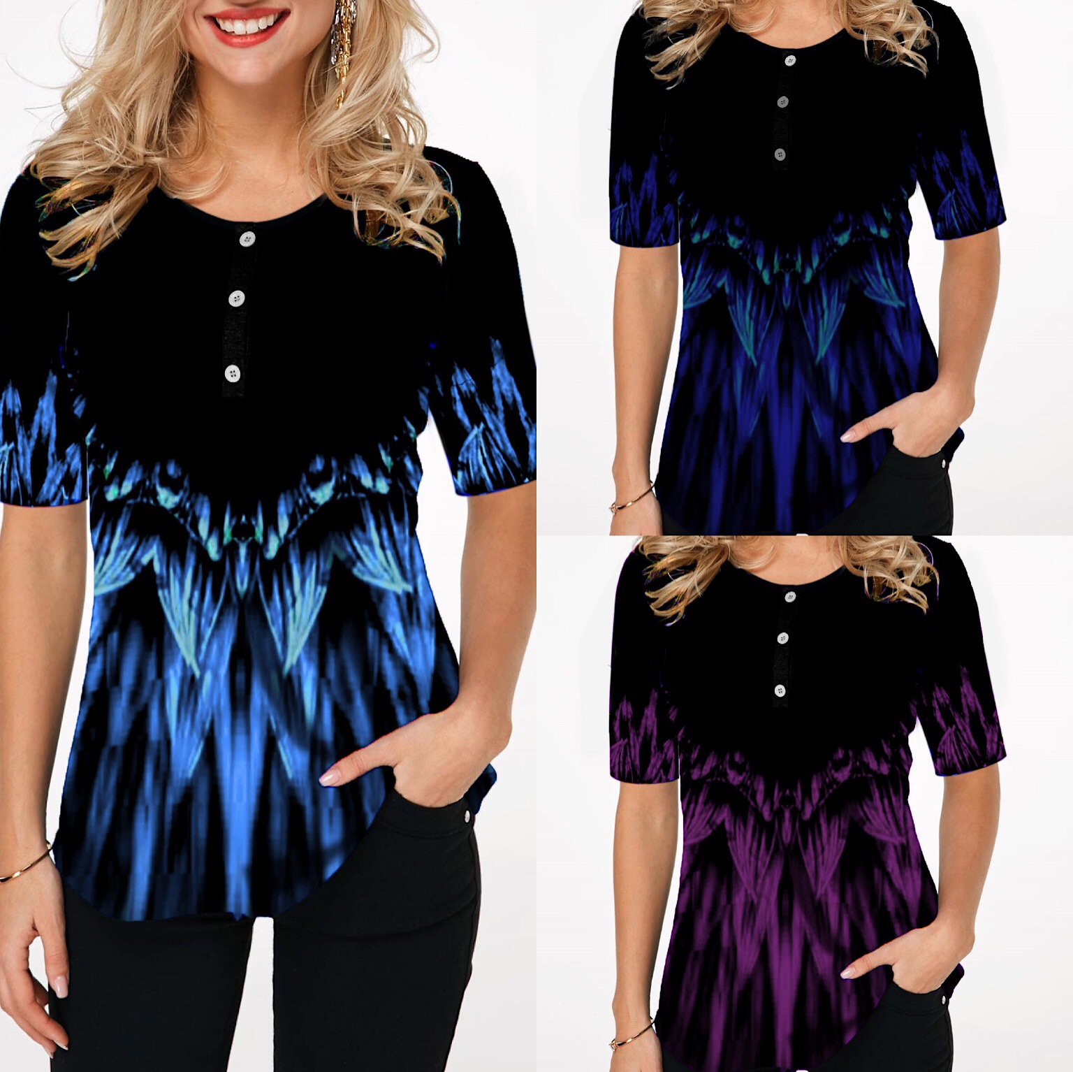 Gradient Print Round Neck Single Row Short Sleeves