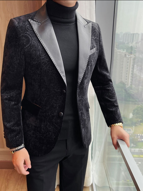 Jacquard Velvet Leather Lapel Men's Blazer