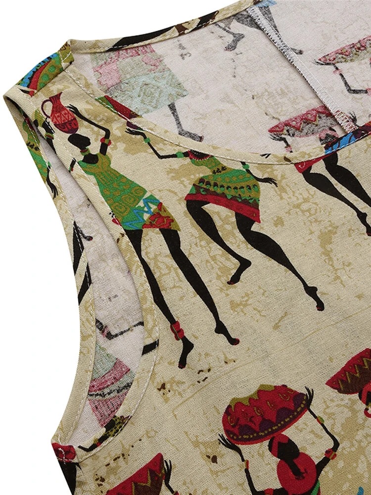 New European And American Literary Print Sleeveless Dress