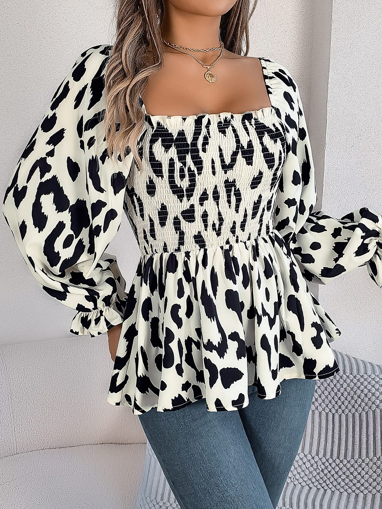 Women's Casual Ruffle Trim Square Neck Leopard Print Long Sleeve Chiffon Top