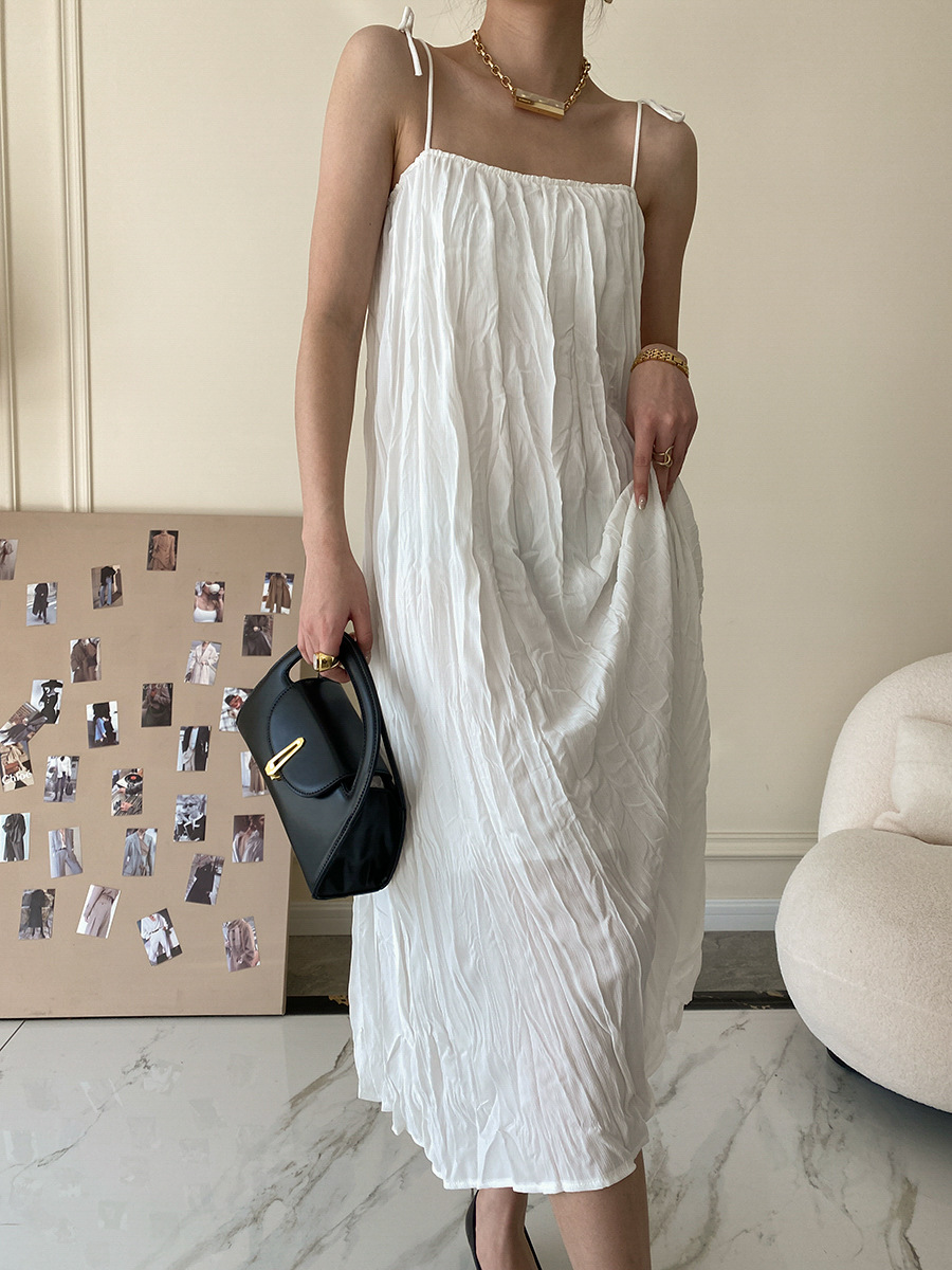 French Pleated Textured Slip Dress Mid Length