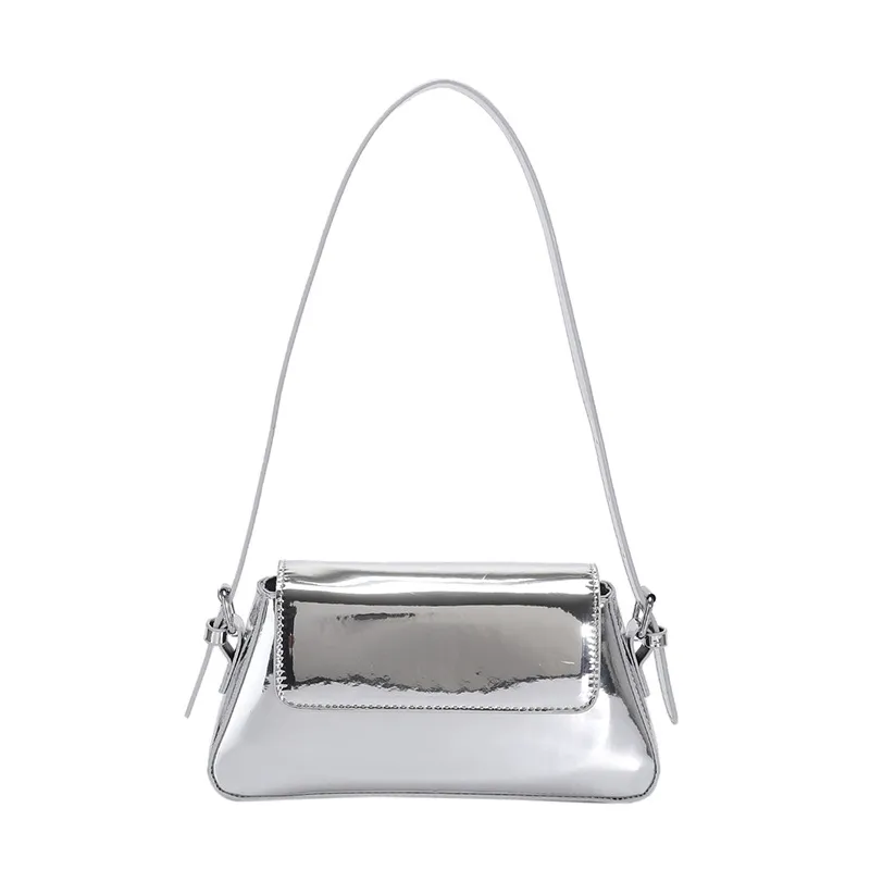 Women's Fashion Patent Leather Glossy Single Shoulder Crossbody Bag - Silver