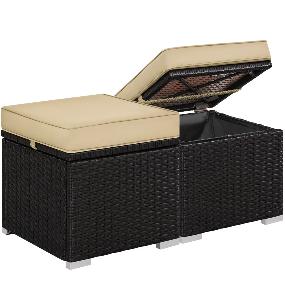 Courtyard Rattan Storage Footrest Stool  With Soft Cushion , 2-piece Set, Brown-khaki Color  Limited To Five Orders Per Address